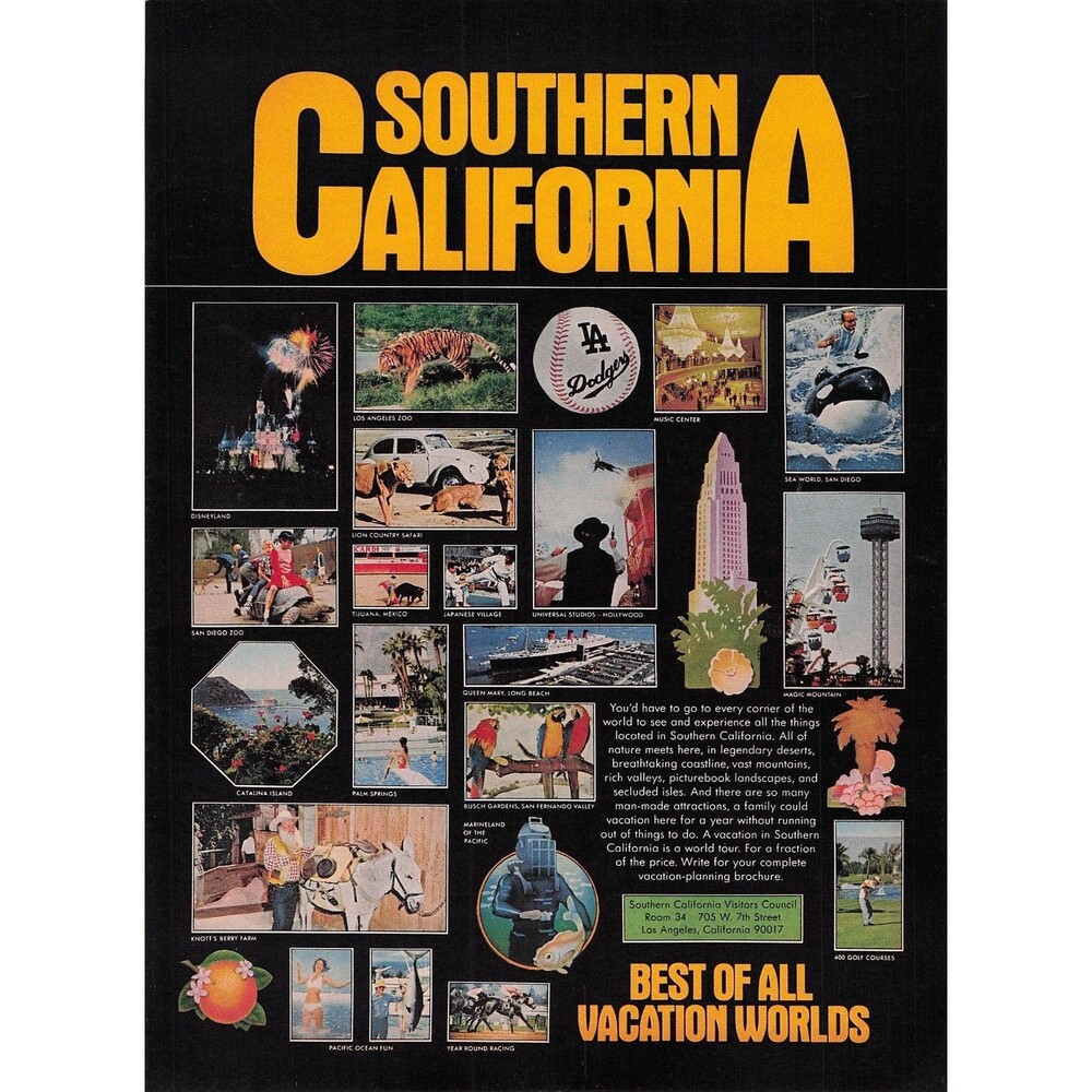 Southern California Vintage Print Ad Disneyland LA Dodgers Seaworld wall decor